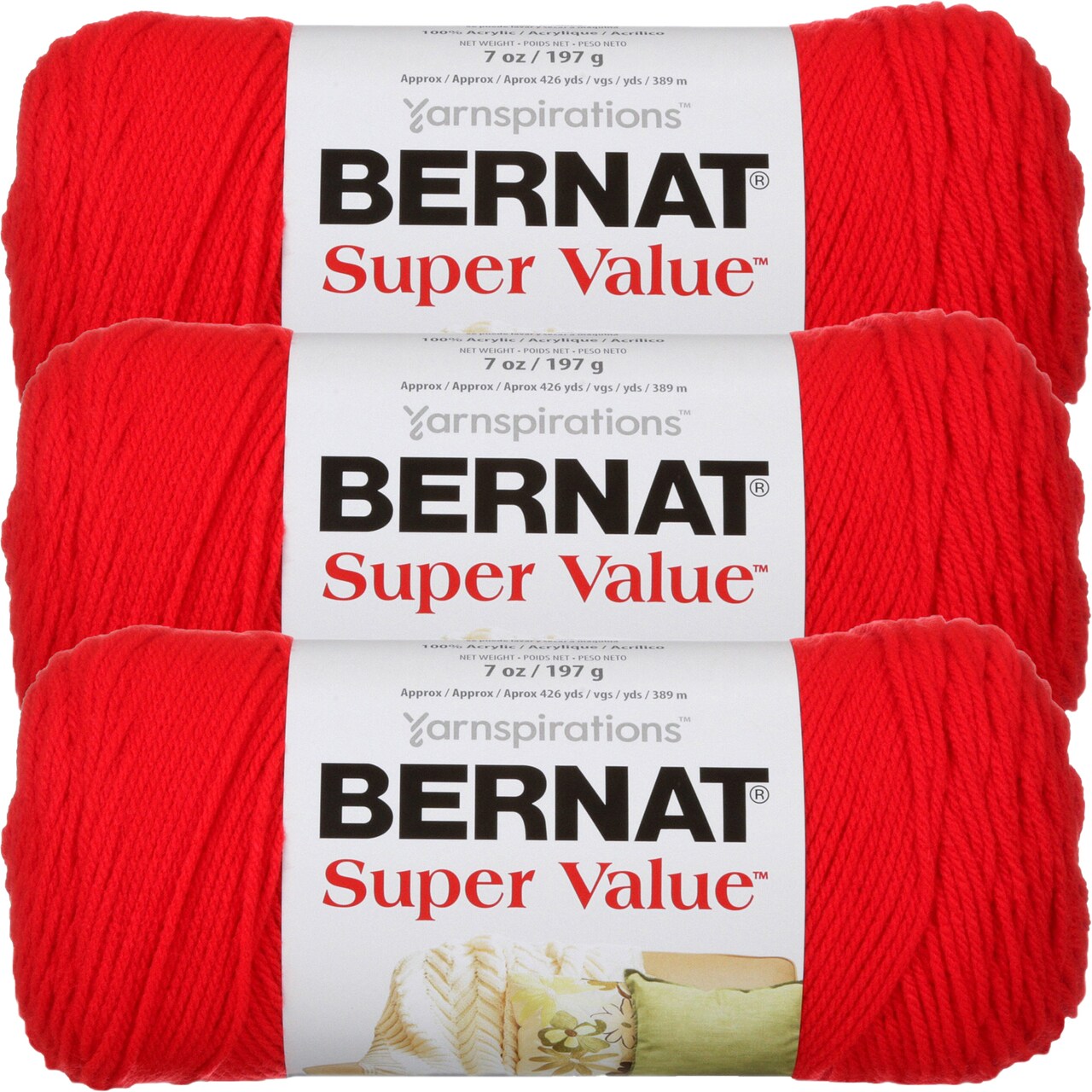 Bernat Super Value True Red Yarn - 3 Pack of 198g/7oz - Acrylic - 4 Medium (Worsted) - 426 Yards - Knitting/Crochet